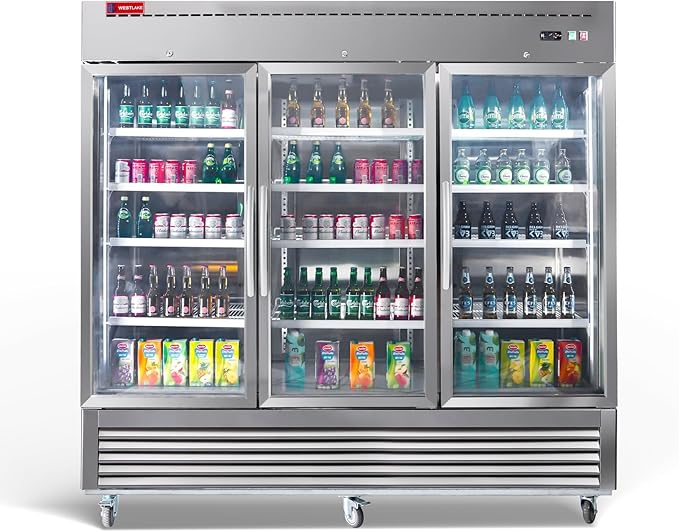 WESTLAKE 82" W Commercial Display 3 Glass Door Refrigerator Merchandiser 3 Section Stainless Steel Reach-in Glass Door Upright Fan Cooling 72 Cu.ft Cooler for Restaurant, Bar, Shop, etc