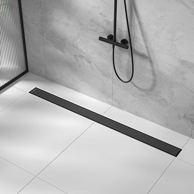 Linear Shower Drain 42", Matte Black Floor Drain with Tiled Insert Grate & Hair Strainer, 304 Stainless Steel Bathroom 2-in-1 Tiled in Drain, CUPC Certified (Matte Black, 42'')
