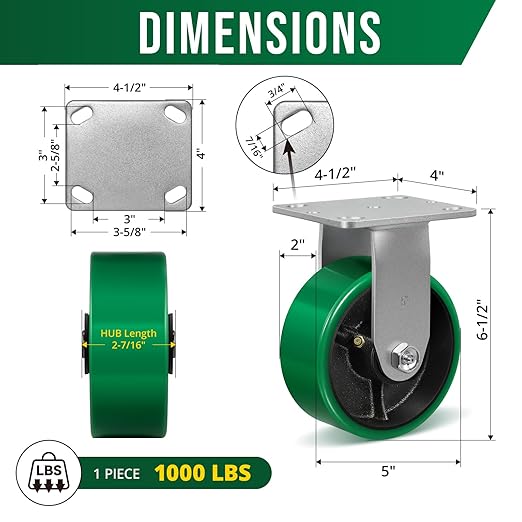 5" Caster Wheels, Heavy Duty Caster with Strong Load-Bearing, Polyurethane Wheel on Steel Hub, Supports 1000 lbs Each(1 Pack Rigid)