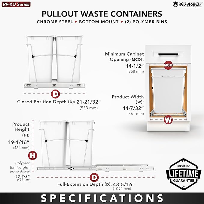 Rev-A-Shelf RV-18KD-13C-S Double Pullout Trash Can for Kitchen Cabinets 35 Quart Garbage Recycling Bin on Full Extension Slides, Gray