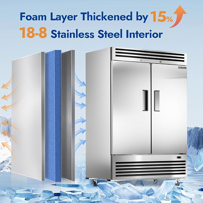 HECMAC 54" Commercial Refrigerator, 49 Cu.ft Reach-In Upright Fridge with 2 Solid Door, 33~40℉, 18-8 Stainless Steel Interior, 6 Shelves, ETL&NSF/ANSI 7 for Restaurant, Bar, Shop, Kitchen Use