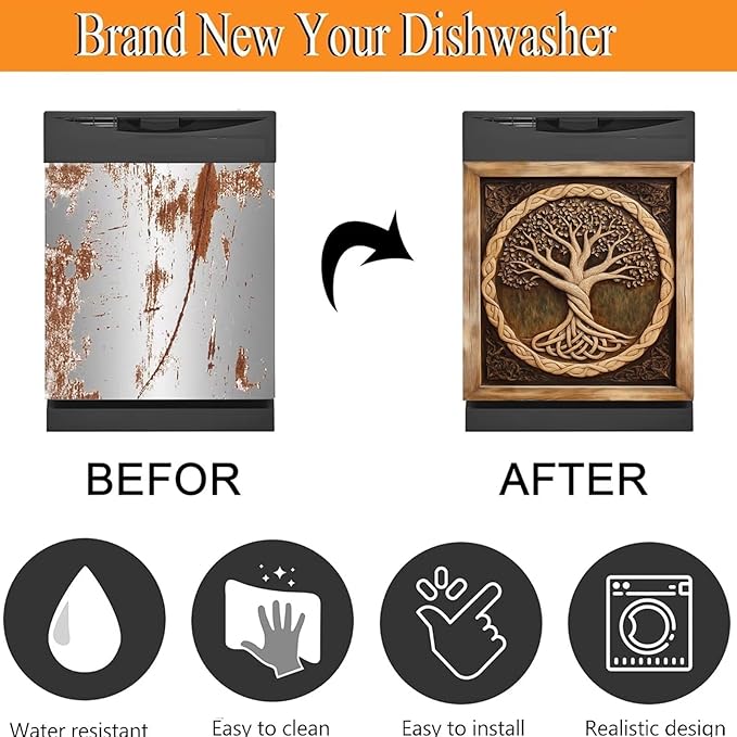 Wood Tree of Life Dishwasher Cover Skin Panel Decal, 3D Wood Sculpture Tree of Life Refrigerator Door Cover Vinyl Dishwasher Sticker - 23" W x 26" H Ordinary