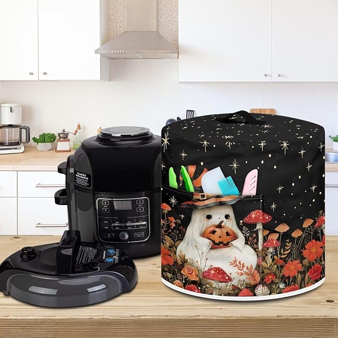 Halloween Cute Ghost Floral Pressure Cooker Dust Cover with Top Handle and Storage Pocket Kitchen Appliance Decor Air Fryer Rice Cooker Cover Machine Washable