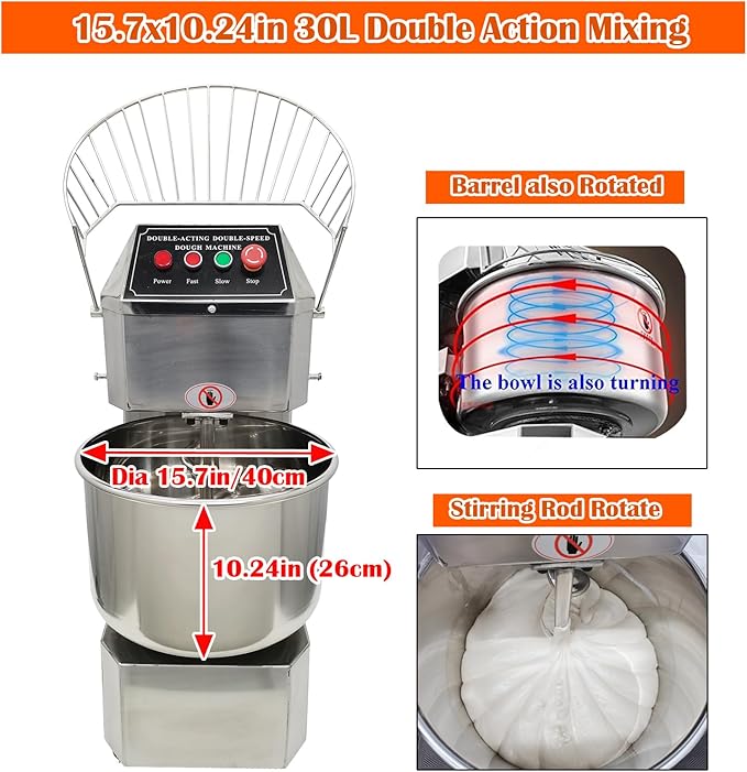 Commercial Dough Mixer Double Action Double Speed Stand Dough Mixer Machine Heavy-Duty Spiral Food Mixer Stainless Steel Pizza Bread Flour Kneading Blender 30L for Bakeries Pizzerias