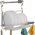 TQVAI Over Sink Dish Drainer Drying Rack, Stainless Steel Foldable Wall Mounted Dish Racks with Drainboard Hanging Rod and Sponge Holder, Silver