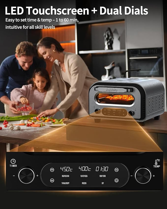 Pizza Oven Indoor, Heats up to 850°F, Makes 12” Pizzas in 90 Seconds, Electric Pizza Oven with 6 Touchscreen Presets, Countertop Pizza Ovens for Kitchen, Recipes & Pizza Stone Peel Included, Dark Grey