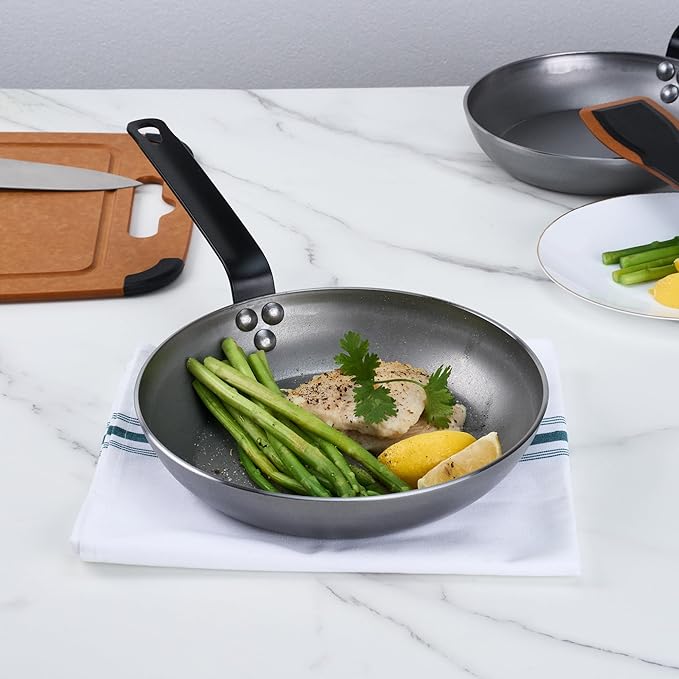 Restaurantware Met Lux 9.5 Inch Fry Pans, 6 No-Stick Frying Pans - Induction-Ready, Triple-Riveted, Silver Carbon Steel Cooking Skillets, Durable, For Searing, Sauteing, And Browning Food