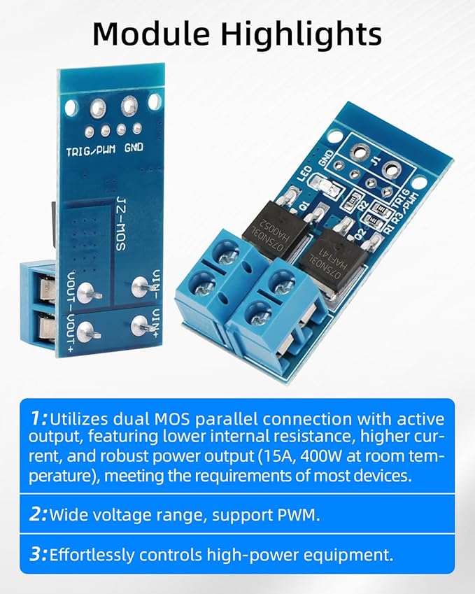 RIIEYOCA 400W Dual High-Power MOSFET Trigger Module, 0-20KHz PWM Motor Controller, 5V-36V 15A(Max 30A) DC Motor Speed Controller for Arduino, DIY Projects（6Pack）