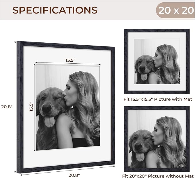 Fun Memories 20x20 Square Picture Frames, Rustic Solid Oak Wood Frame 20 x 20 for Wall, Wooden 20 by 20 Photo Frames with Tempered Real Glass, 20x20 Frame Matted to 16x16, Black Color, Set of 2