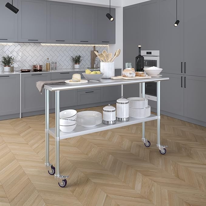 AmGood 60" Long x 18" Deep Stainless Steel Table with Casters
