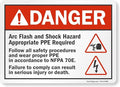 SmartSign Adhesive Vinyl Label, Legend "Danger: Arc Flash and Shock Hazard PPE Required" with Graphic, 5" high x 7" wide, Black/Red on White