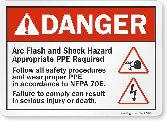 SmartSign Adhesive Vinyl Label, Legend "Danger: Arc Flash and Shock Hazard PPE Required" with Graphic, 5" high x 7" wide, Black/Red on White