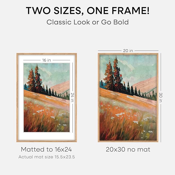 Homeforia 20x30 Picture Frame Wood, High End Natural Oak 20 x 30 Frame with Mat 16 by 24, 20x30 Light Wooden Poster Frames Matted to 16x24 Photo, 30by20 Large Frame, Tempered Glass, Wall Kit, Set of 2
