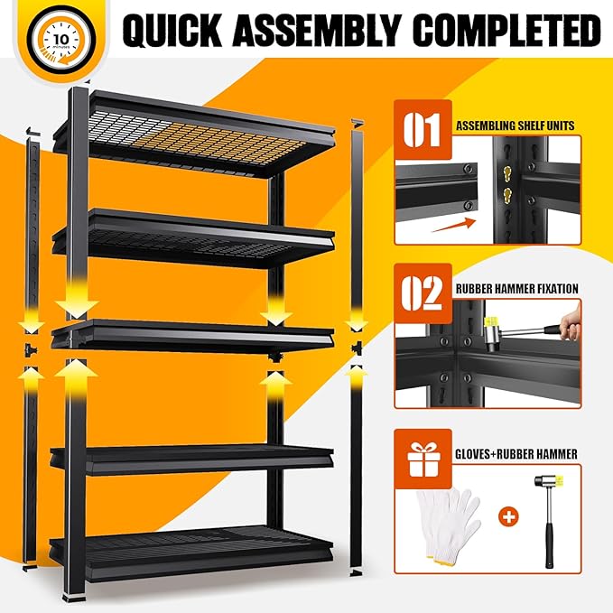 Garage Shelving 5-Tier Adjustable Metal Garage Shelves Heavy Duty Unit,3000 LBS Steel Shelf Storage Rack Suitable for Industries,Warehouses,Basement,Black(Wire-72''H x 59''W x 19.7''D)