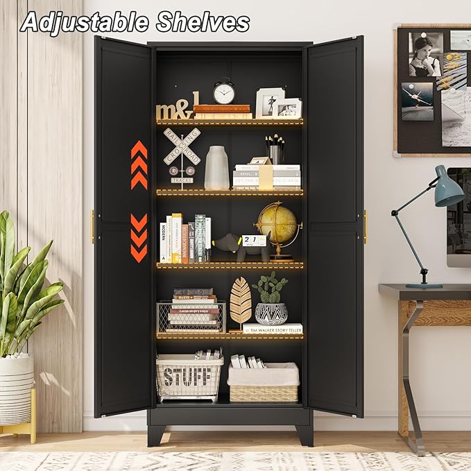 Metal Pantry Cabinet with 2 Doors and Adjustable Shelves - 71" Kitchen Storage Cabinet with Gold Handles - Versatile Storage for Kitchen, Bathroom, Dining Room, Utility Room - Black