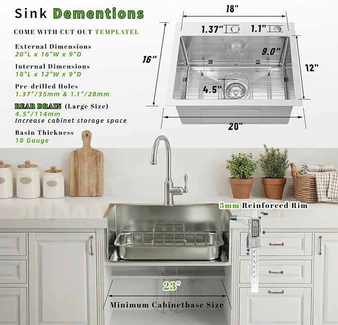 Drop In Kitchen Sink 20x16", 9" Basin Depth, 18 Gauge Stainless Steel Sink, 3D Embossed Surface Finish Top Mount with Accessories