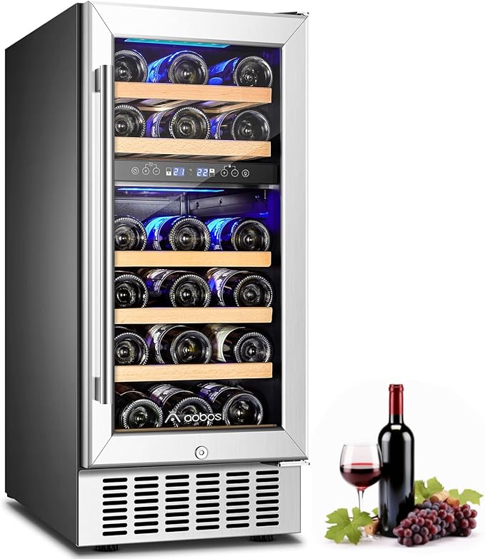 AAOBOSI 15 Inch Wine Cooler Refrigerator, 28 Bottles Dual Zone Wine Fridge with Double-Layer Glass Door and Temperature Memory Function,Built-in or Freestanding