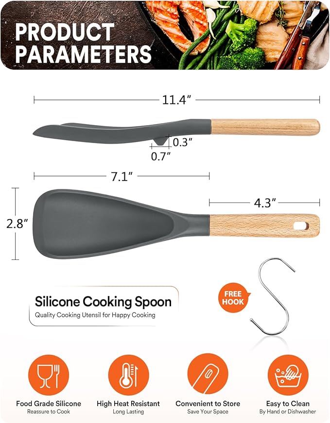 Cooking Spoon for Nonstick Cookwares, Great for Cooking and Serving Sturdy BPA-Free Matte Silicone, Wood Handle Spoon for Mixing, Scoop, and Scrape (GREY, 11.4 inch)
