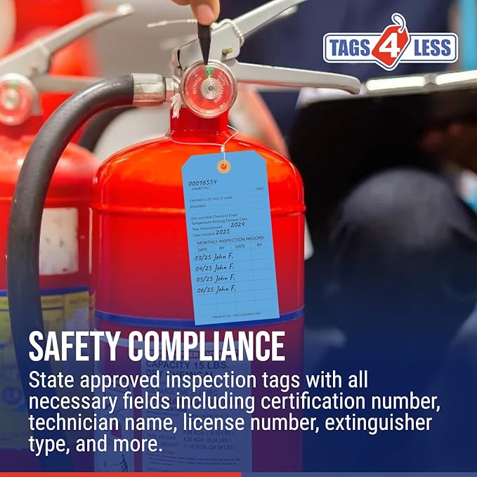 Tags 4 Less Custom Fire Extinguisher Tags – Preventative Maintenance Labels for Monthly Inspections, Alternative to Safety Sticker for Easy Record-Keeping – Pack of 100 (Dark Blue, Cardboard)