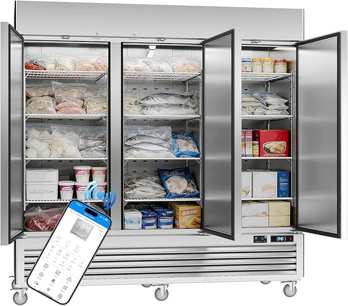 VEECOOL Commercial Upright Freezer WiFi-Enabled, 82" Solid Door Stainless Steel Reach in Freezer with 12 Shelves, Bottom Mounted, Auto Defrost, LED Lighting, Digital Control, ETL&ETL Sanitation