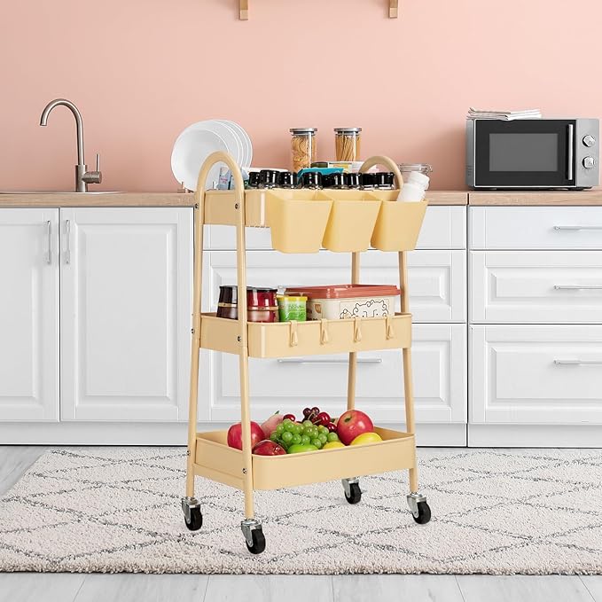 danpinera 3-Tier Rolling Cart, Utility Cart Mobile Metal Rolling Storage Cart with Lockable Wheels & Hanging Cups & Hooks for Kitchen, Bathroom, Office, Workshop, Yellow