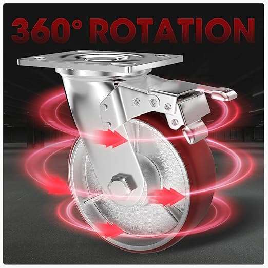 Casters Set of 4 Heavy Duty 6 inch with Brakes 2 and Fixed - ASRINIEY Locking Casters with Quiet Polyurethane on Steel Wheels, Swivel Plate Industrial Caster for Tool Box Trolley Workbench, 5000 lbs