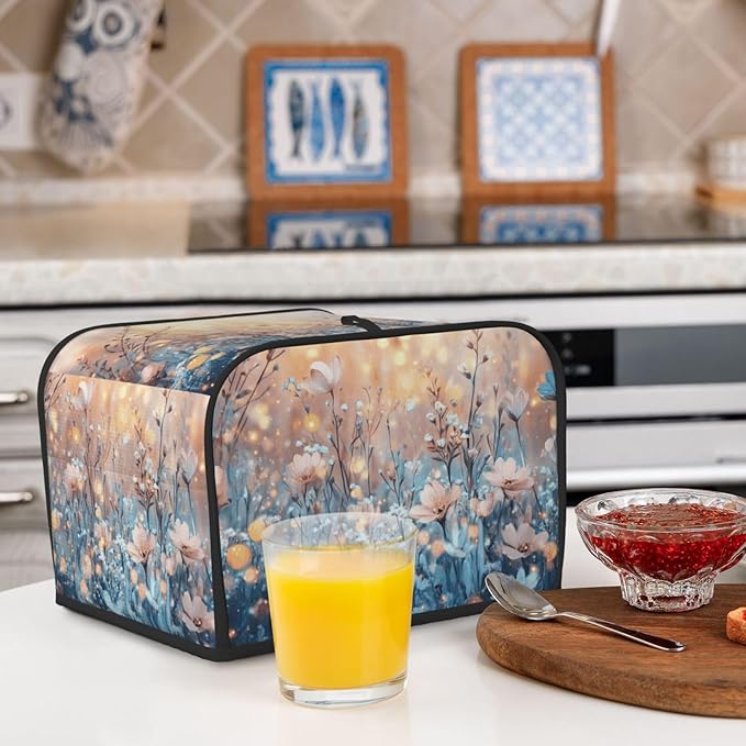 4 Slice Toaster Cover for Kitchen Flower Field Landscape Waterproof and Dustproof Toaster Dust Cover with Side Pockets Decorative Universal Cover for Wide Slot Toasters and Small Appliances