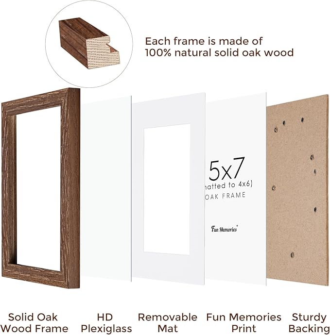 Fun Memories 5x7 Picture Frame, Solid Oak Wood 5 x 7 Frame with Plexiglass, 5 by 7 Photo Frame for Wall & Tabletop Display, 5x7 Picture Frame Matted to 4x6, Walnut Color, 3 Pack