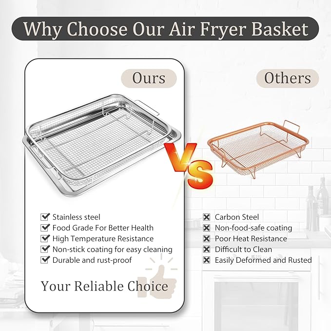 Air Fryer Basket for Oven, Stainless Steel Oven Air Fryer Basket and Tray Set, 2 Pack Air Fryer Pan Rack with 100 Pcs Parchment Papers - 15"x11" & 12.8"x9.6" (15"x11" & 12.8"x9.6")