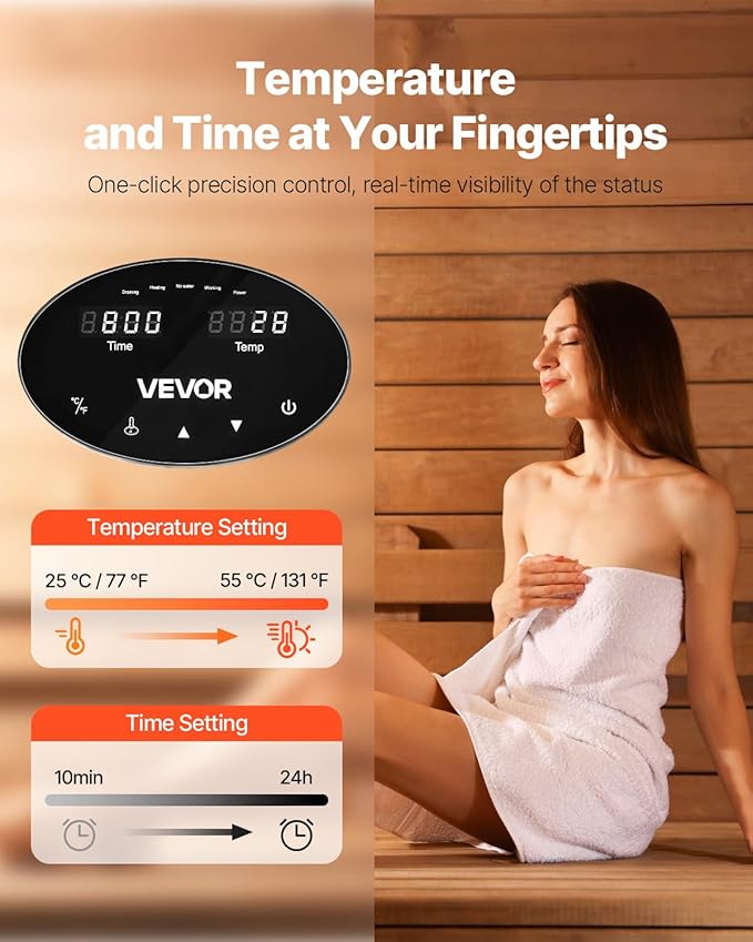 VEVOR Steam Generator, 9 kW Steam Shower System with Controller for Home Sauna Bath Spa, Commercial Auto Drain Kit with Overheat, Dry-Run & Overpressure Protection, 10 Min to 24h Efficient, Black