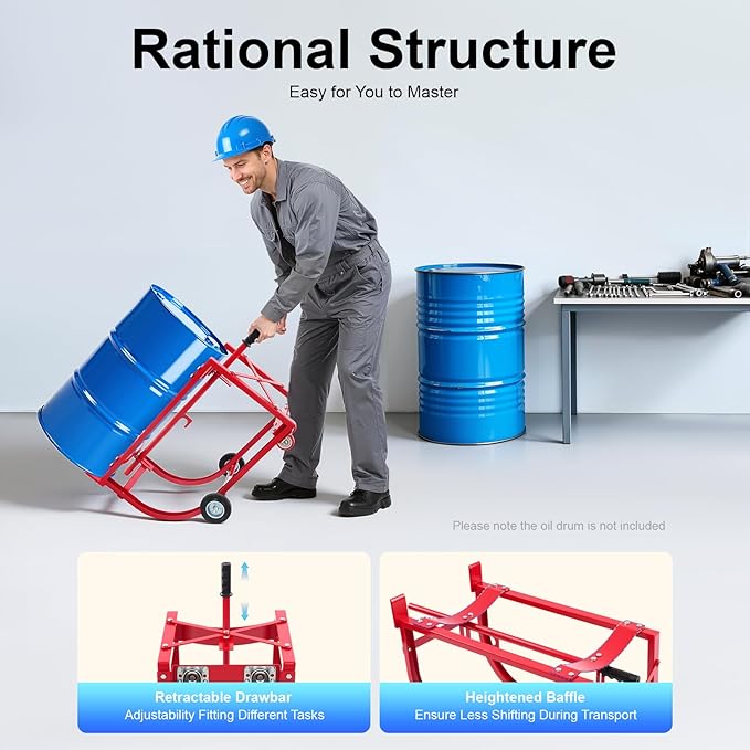 55Gal Drum Cradle, 600lbs Capacity Oil Drum Rack, Movable Barrel Cradle Stand with Four Wheels, Heavy Duty Steel Drum Dolly, Drum Rack for Workshops Factories Garages Warehouses