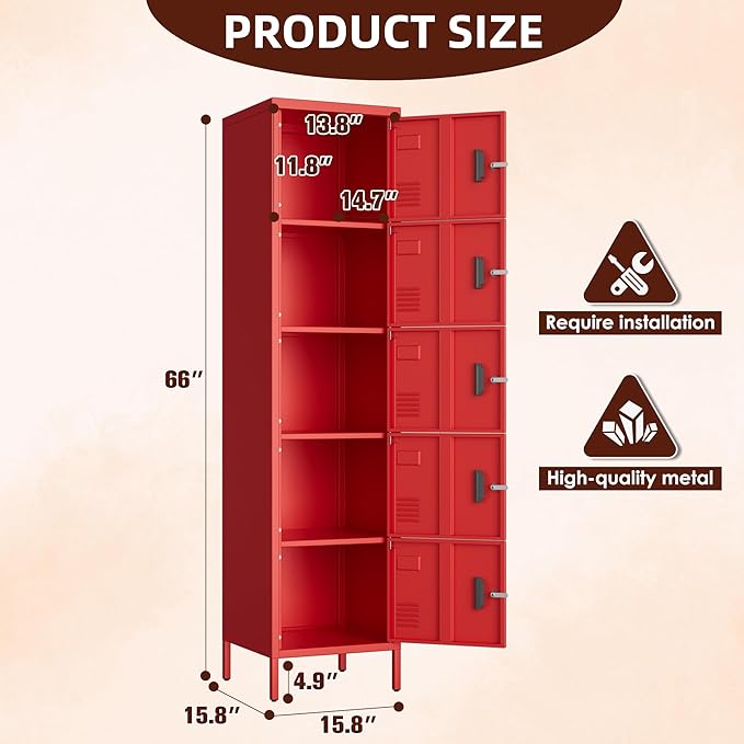 METAN Metal Storage Employees Locker with 5 Lockable Doors,Locking Storage Cabinets for Small Spaces,Home,School,Gym,Assembly Required,Red
