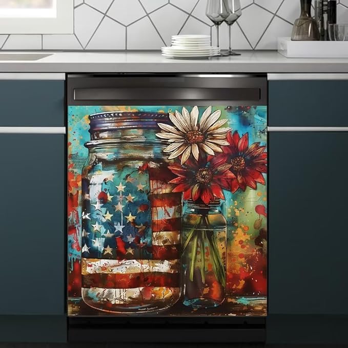 Farm Sunflower American Independence Memorial Day Dishwasher Magnet Cover,23" x 17" Dishwasher Cover,Magnetic Decal Vinyl Sticker Kitchen Decor Refrigerator Magnets Self Adhesive Wrap