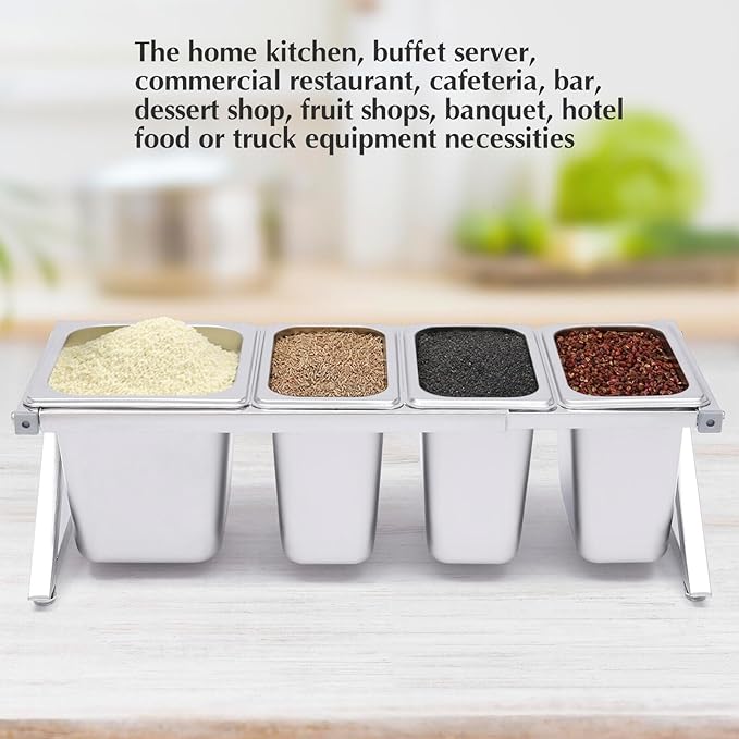 Pizza Topping Station with 4 Pans& Lids, Stainless Steel Food Container Pans Condiment Dispenser Countertop Spice Rack Organizer Shelf Holder for Seasoning Sauce Salad Jam Fruits Ingredients