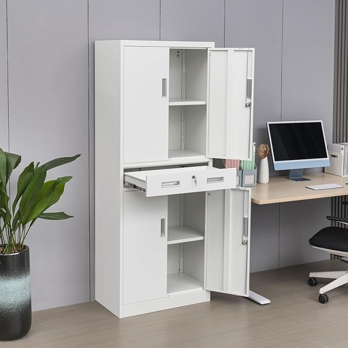 CJF Metal Storage Cabinet with Drawer and Adjustable Shelves, 71" H Locking Storage Cabinet for Pantry Kitchen, Home, Office, Garage, Living Dining Room (White)