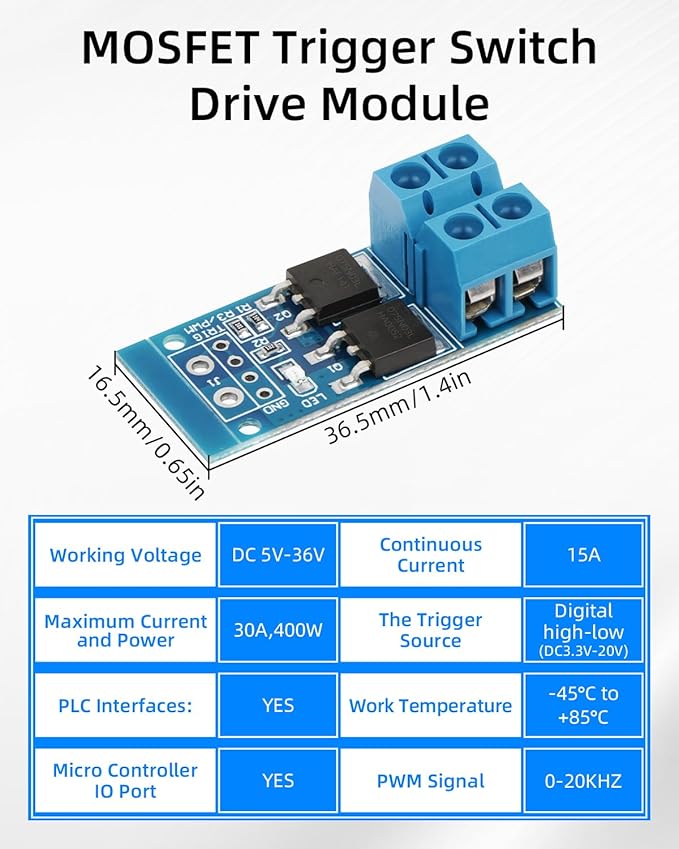 RIIEYOCA 400W Dual High-Power MOSFET Trigger Module, 0-20KHz PWM Motor Controller, 5V-36V 15A(Max 30A) DC Motor Speed Controller for Arduino, DIY Projects（6Pack）