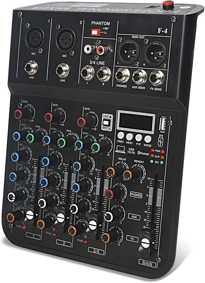 4 Channel mixer, DJ Mixer Board with Bluetooth and Usb, Audio Sound Card with Interface Recording and 48V Phantom Power, Sounds Mixer Board with FX Reverb Delay Effect for Streaming