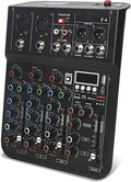 4 Channel mixer, DJ Mixer Board with Bluetooth and Usb, Audio Sound Card with Interface Recording and 48V Phantom Power, Sounds Mixer Board with FX Reverb Delay Effect for Streaming