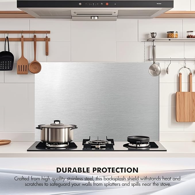 Micmi 24" x 30" Stainless Steel Backsplash for Stove, Reversible Flat Metal Guard Range Hood Wall Shield for Kitchen, Easy Clean and Installation with Four Pre Drilled Holes