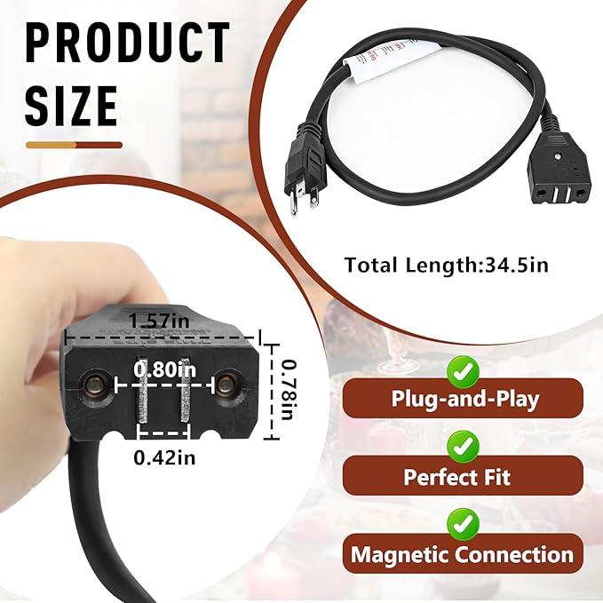 Break-Away Magnet Power Cord, Compatible with Masterbuilt 10L XL Electric Fryer, Safety Magnet Deep Fryer Cord Replacement Accessory, Compatible with Electric Fryer Models MB20012420 and MB20010326