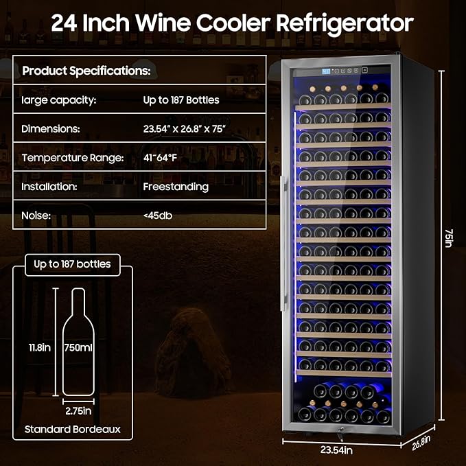 24 Inch Wine Cooler Refrigerator,187 Bottles Large Wine Fridge Freestanding Tall Wine Cooler with Upgraded Compressor, Low Noise and Elegant Design for The Wine Lovers