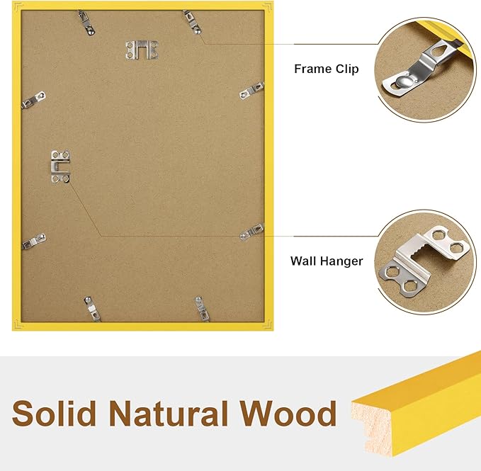 Vittanly 11x14 Picture Frame, Solid Wood Frame with Plexiglass, Includes 8x10 Mat, Wall Hanging for Photos, Home Decor, Yellow, 1 Pack