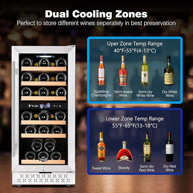 Tylza Mini Fridge 15 Inch Wine Cooler Under Counter, 30 Bottles Dual Zone Wine Fridge with Stainless Steel, Wine Refrigerator Freestanding, Built-in Wine Cellars
