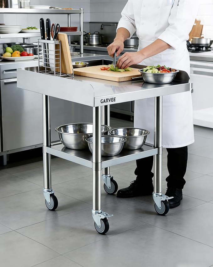 Garvee Stainless Steel Work Table, 30x36x26 Inch Commercial Food Prep Worktable with Wheels, Fixed 3-Sided Backsplash & Height-Adjustable Shelf, Heavy Duty Workbench for Kitchen Restaurant Garage
