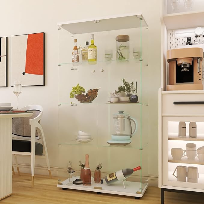 64.5" H 4-Shelf Glass Display Cabinet with Double Door,Modern Curio Cabinet Collection Display Case,Floor Standing Bookshelf Glass Display Case with Lock for Living Room Bedroom (White)