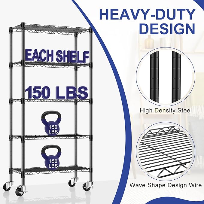 5 Tier Shelving Unit Wire Rack, Heavy Duty Adjustable Shelf Rolling Storage Shelves with Wheels, 14" D x 30" W x 60" H 750 lbs Capacity Kitchen Garage Pantry Shelves for Small Spaces