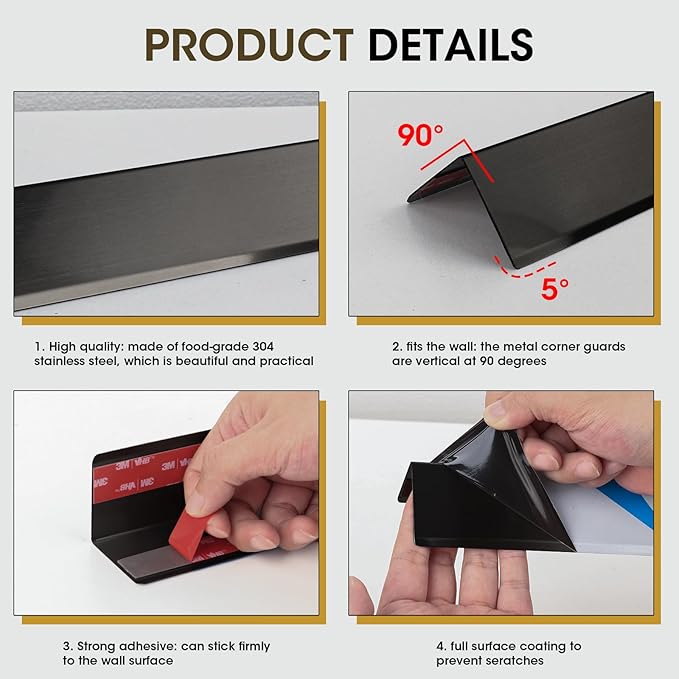Stainless Steel Wall Corner Guards, 2 x 2 x 48 inches (Black 10 Pcs Pack). Made of 304 Steel, These 90-Degree Angle Metal Corner Protectors are Designed for Wall Protection and Decoration