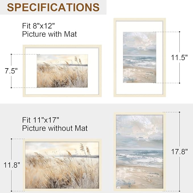 Vittanly 11x17 Picture Frame Set of 2, Solid Wood Frame for Wall Art Photo and Prints, Display Photo 8x12 with Mat or 11x17 without Mat, White