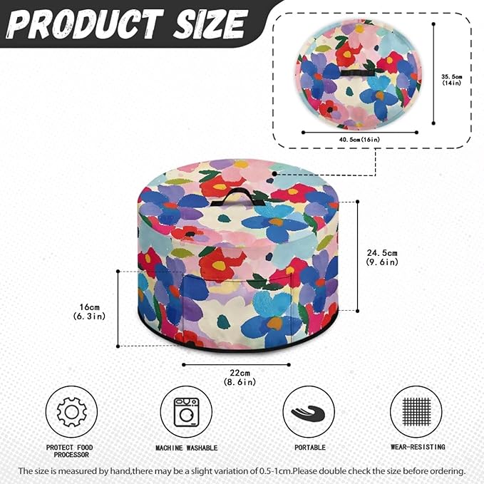 Colorful Floral Painting Print Slow Cooker Dust Cover with Side Pocket for Small Kitchen Appliance Dust Protection Kitchen Dust Cover Easy to Clean, 16 x 14 x 9.6 inch