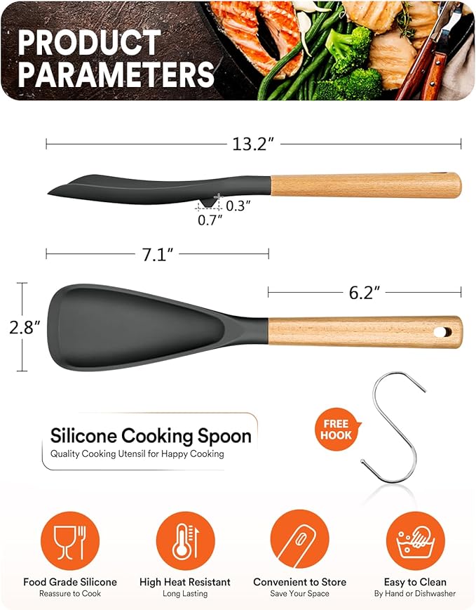 Cooking Spoon for Nonstick Cookwares, Great for Cooking and Serving Sturdy BPA-Free Matte Silicone, Wood Handle Spoon for Mixing, Scoop, and Scrape (GREY, 13.4 inch)